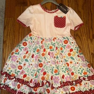 Matilda Jane Pink Top Floral Skirt Dress with Red Polka Dot Pocket